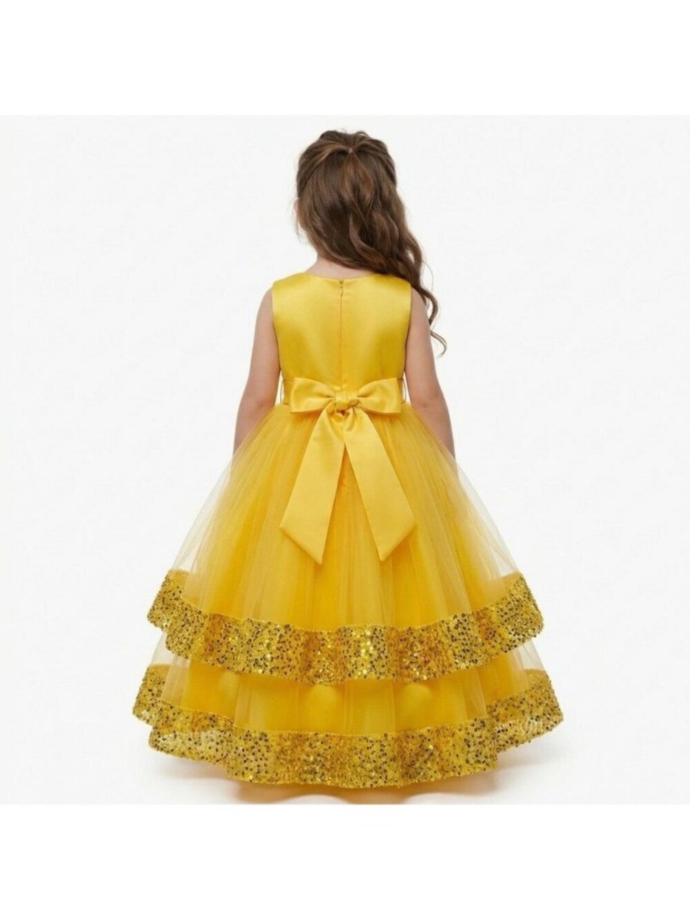 Girls Belle Princess Costume Dress Yellow Gold Sequin Tulle Birthday Party - Picture 2 of 2
